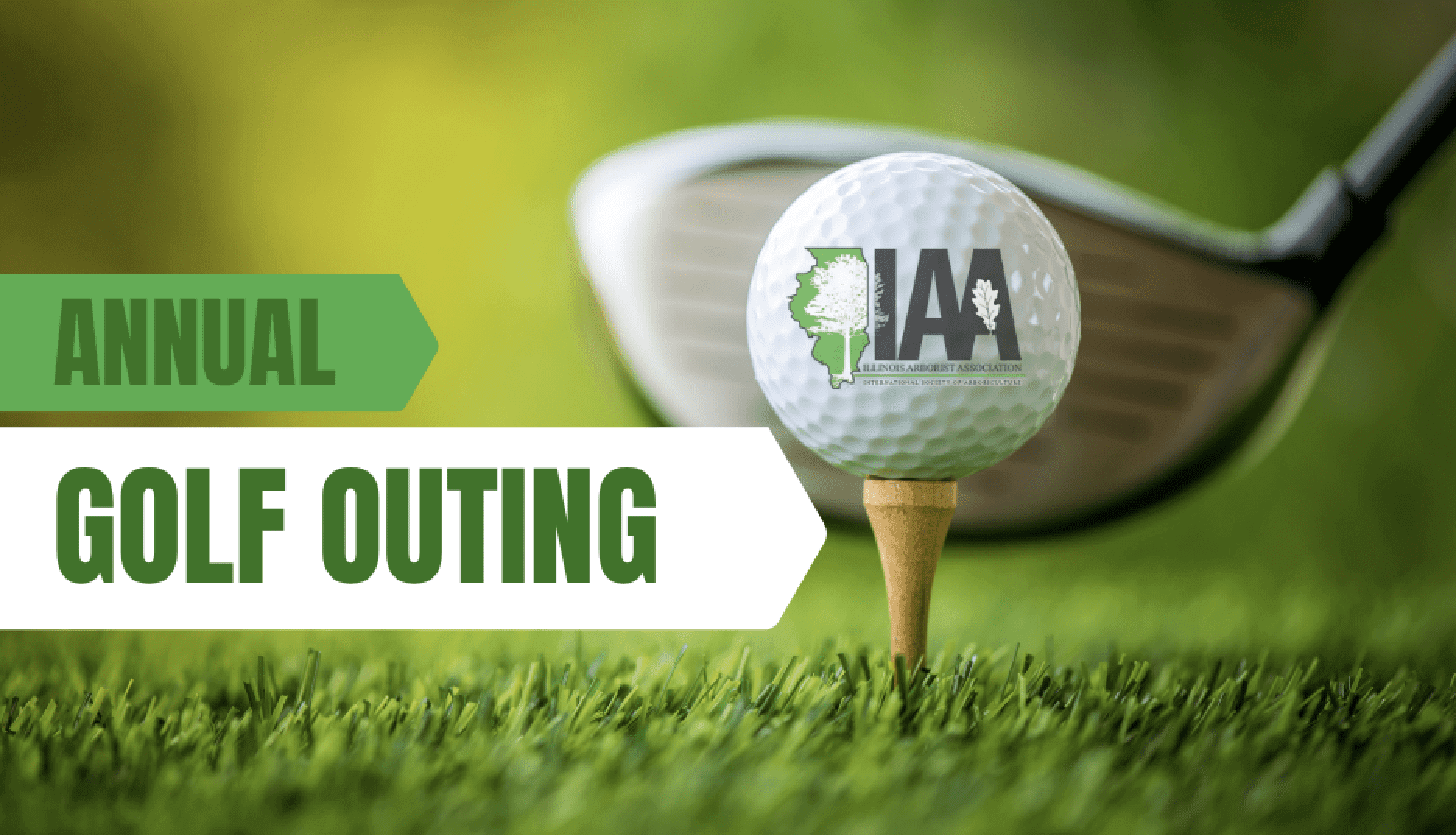 Golf outing announcement with ball and club.